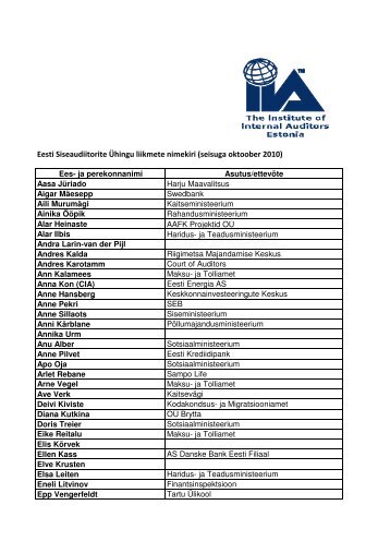 Eesti Siseaudiitorite Ãhingu liikmete nimekiri (seisuga oktoober