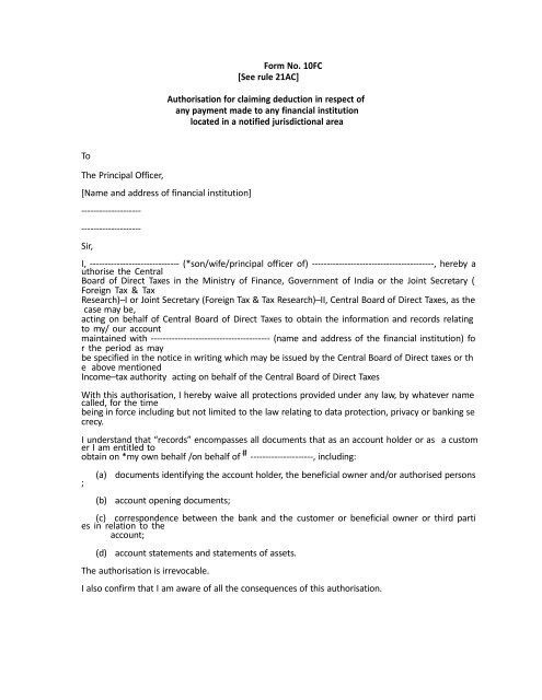 Form No. 10FC [See rule 21AC] Authorisation for claiming ... - Webtel