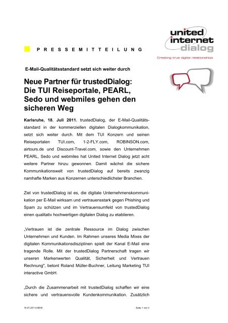Neue Partner für trusteddialog: Die TUI Reiseportale, PEARL, Sedo ...
