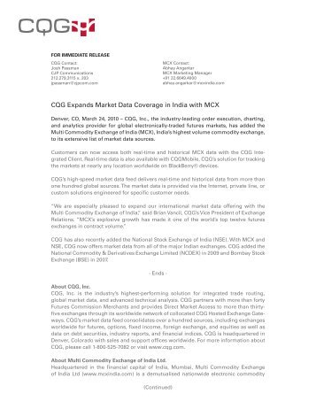 CQG Expands Market Data Coverage in India with MCX - CQG.com