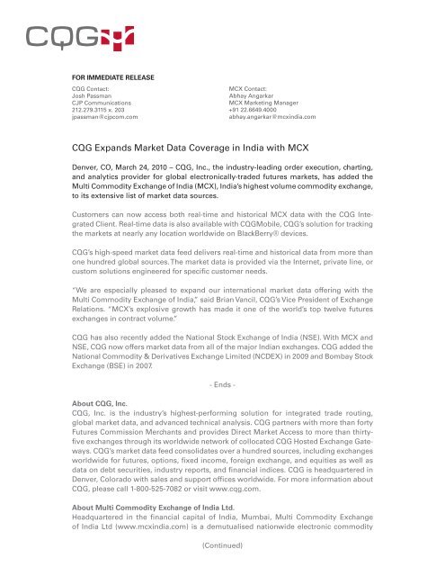 CQG Expands Market Data Coverage in India with MCX - CQG.com