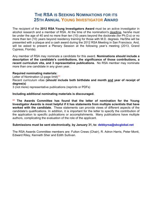RSA Annual Awards Call for Nominations - Research Society on ...