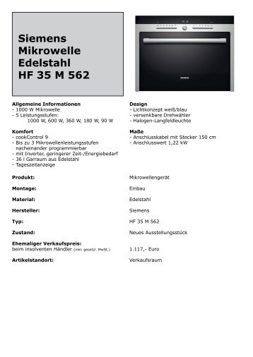Siemens Mikrowelle Edelstahl HF 35 M 562