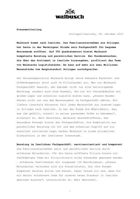 Pressemitteilung Solingen/Iserlohn, 28. Oktober 2010 Walbusch ...