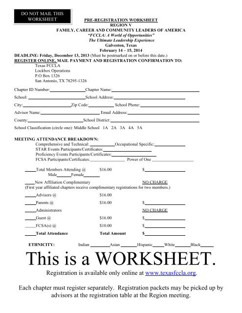 Pre-Registration Worksheet - Texas FCCLA