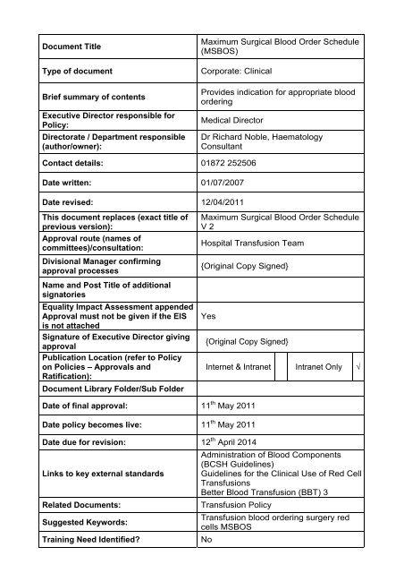 Maximum Surgical Blood Order Schedule - the Royal Cornwall ...