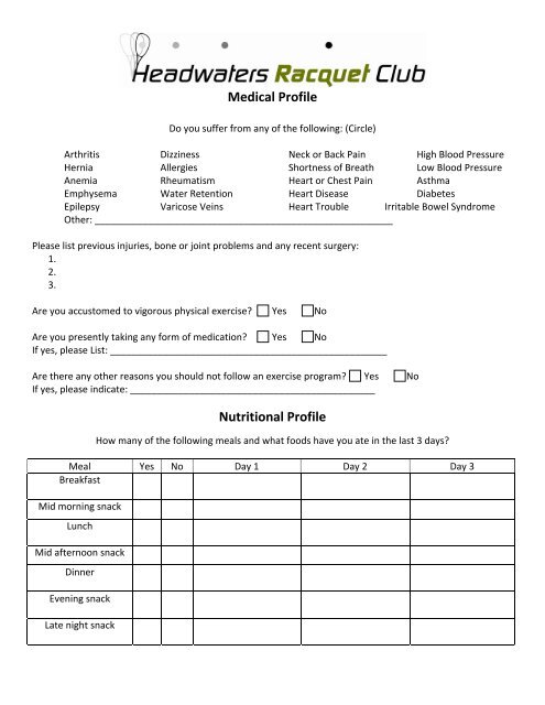 Health & Lifestyle Questionnaire Goal Profile Lifestyle Profile