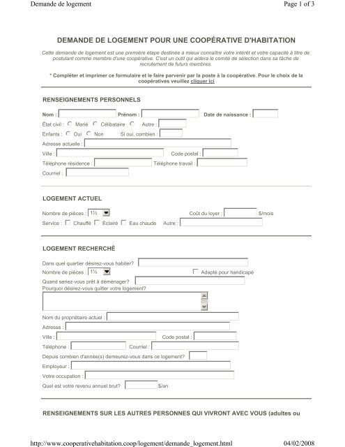 formulaire de demande de logement - CoopÃ©ratives d'habitation