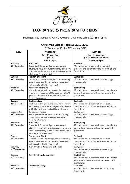 eco-rangers discovery program for kids - O'Reilly's Rainforest Retreat