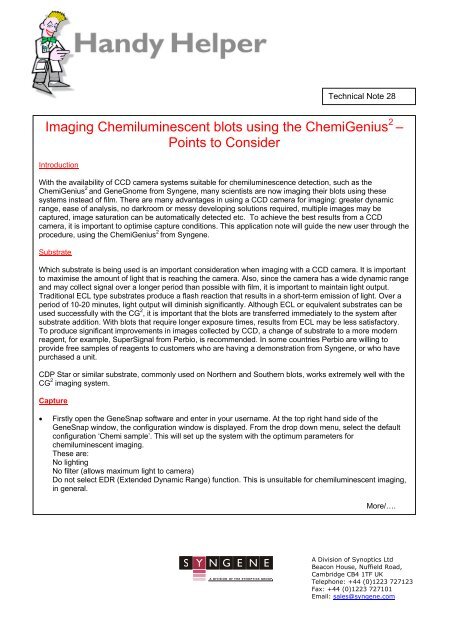 Imaging Chemiluminescent blots using the ChemiGenius ... - Ozyme