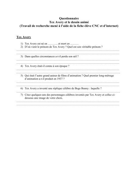 Questionnaire Tex Avery et le dessin animÃ© (Travail de recherche
