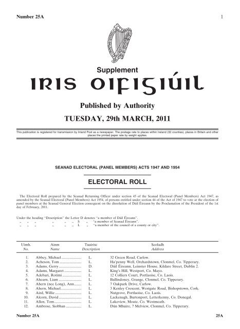 Electoral Roll 2011 - Houses of the Oireachtas