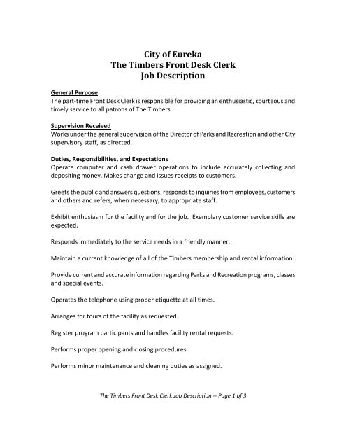 City Of Eureka The Timbers Front Desk Clerk Job Description