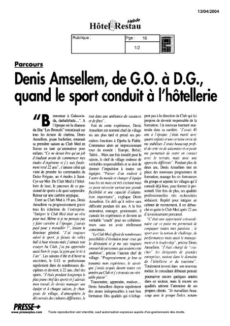 Denis Amsellem, de G.O. Ã  D.G., quand le sport conduit Ã  I'hÃ´tellerie