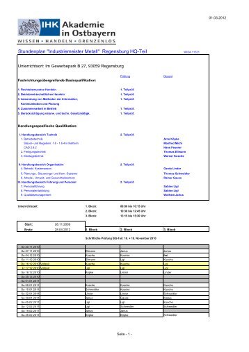 Stundenplan "Industriemeister Metall" Regensburg HQ-Teil