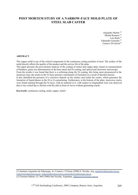 post mortem study of a narrow-face mold plate of steel slab caster