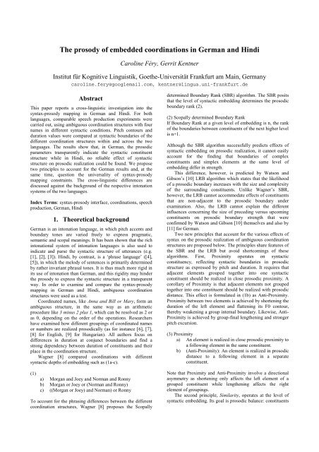 The prosody of embedded coordinations in German and Hindi