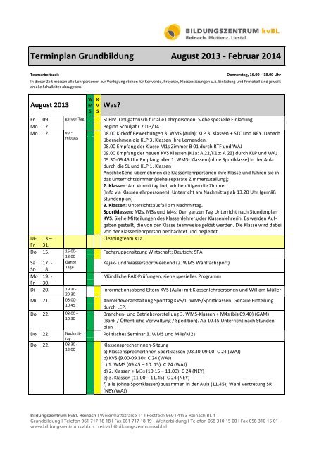 Termine des aktuellen 1. Semesters Bildungszentrum kvBL Reinach