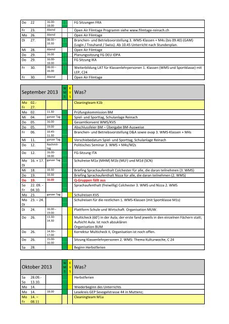 Termine des aktuellen 1. Semesters Bildungszentrum kvBL Reinach