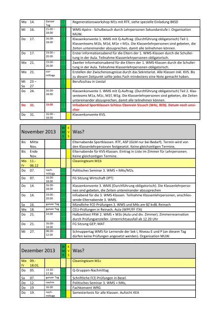 Termine des aktuellen 1. Semesters Bildungszentrum kvBL Reinach