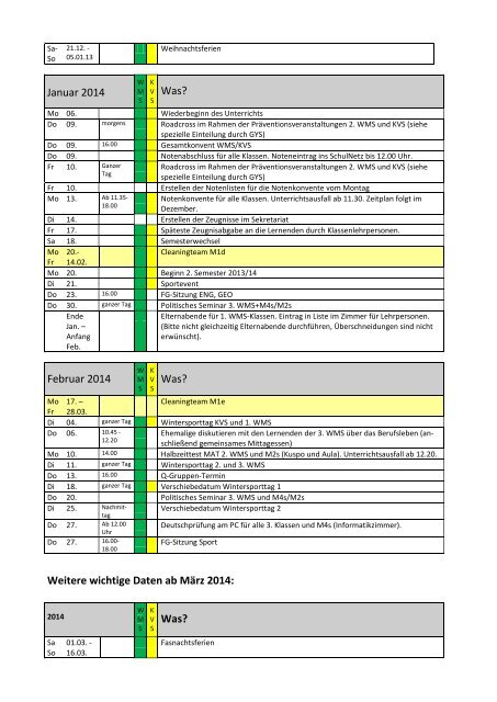 Termine des aktuellen 1. Semesters Bildungszentrum kvBL Reinach