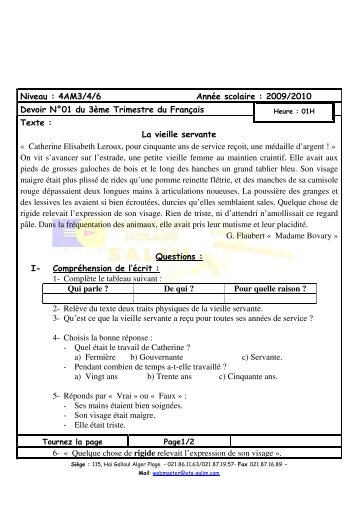 Devoir NÂ°1 FranÃ§ais 4AM - Groupement Scolaire Salim