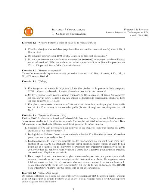 Initiation A L Informatique I Codage De L Information Universita C De