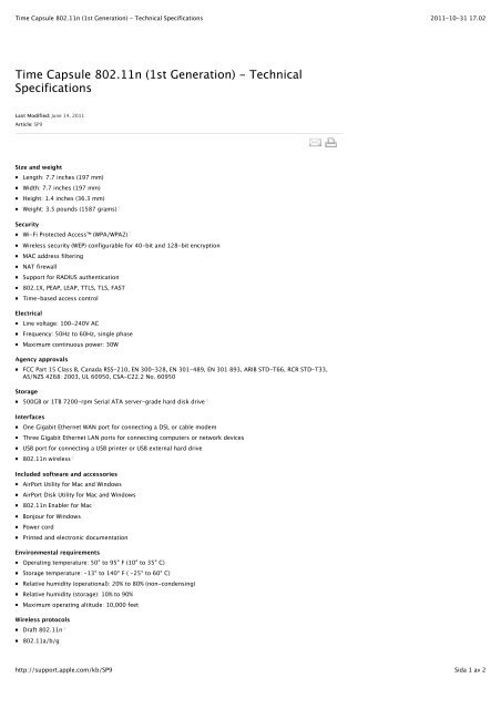 Time Capsule 802 11n 1st Generation Technical Specifications Time Capsule 802 11n 1st Generation Technical Specifications