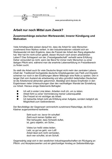 Arbeit nur noch Mittel zum Zweck? - Personaltraining Kratz