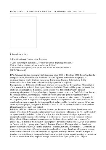 FICHE DE LECTURE sur Â« Jeux et rÃ©alitÃ© Â» de D. W. Winnicott Mar ...