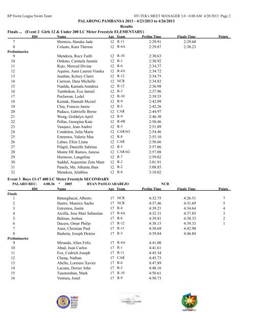 PALARONG PAMBANSA 2013 - 4/23/2013 to 4/26/2013 Results ...