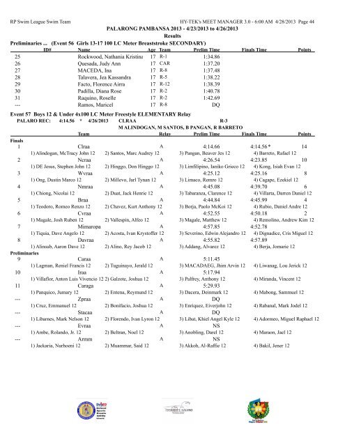 PALARONG PAMBANSA 2013 - 4/23/2013 to 4/26/2013 Results ...