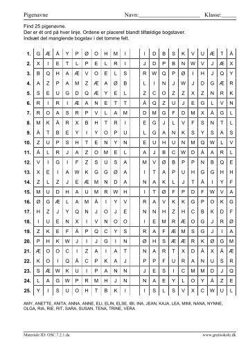 Pigenavne Navn: Klasse - GratisSkole.dk