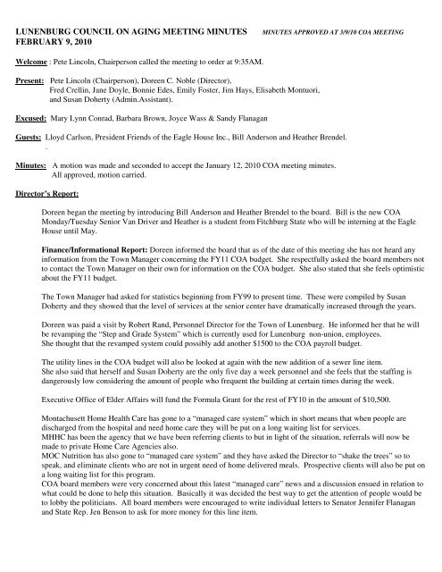 lunenburg council on aging meeting minutes february 9, 2010