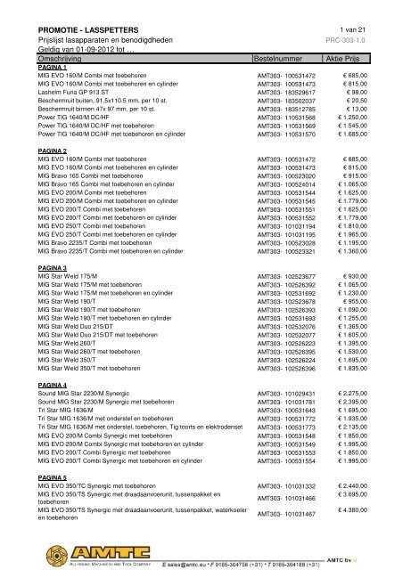 LASSPETTERS - AKTIE - Prijslijst lasapparaten en ... - A.M.T.C.