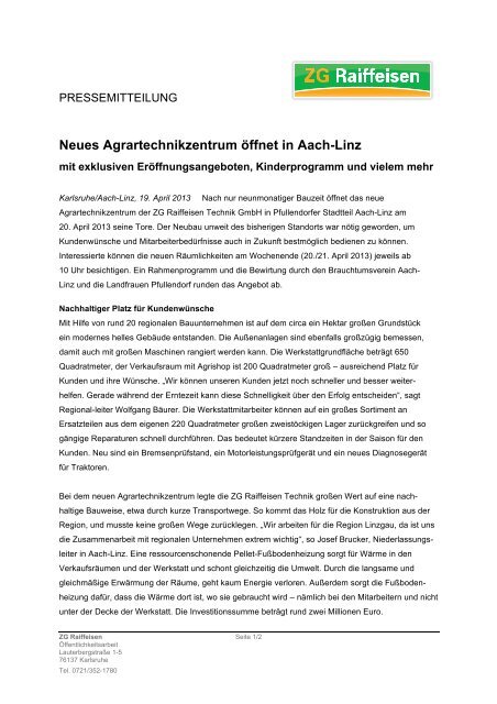 Neues Agrartechnikzentrum ÃƒÂ¶ffnet in Aach-Linz (PDF ... - ZG Raiffeisen