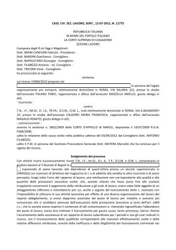 Cassazione Civile, Sezione Lavoro, sentenza 12 luglio 2012, n.11775