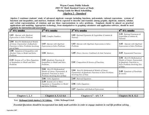 Algebra 2 Standard Pacing Guide - Wayne County Public Schools