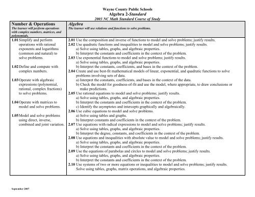 Algebra 2 Standard Pacing Guide - Wayne County Public Schools