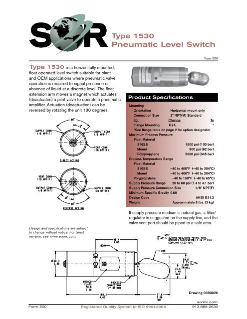 Type 1530 SideMnt Pneumatic Level Switch (Form 500)