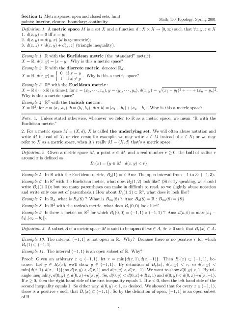 Section 1 Metric Spaces Open And Closed Sets Limit Points
