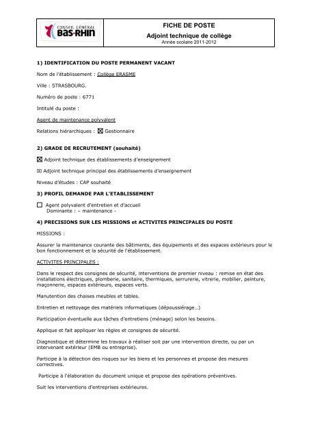 FICHE DE POSTE Adjoint technique de collÃƒÂ¨ge