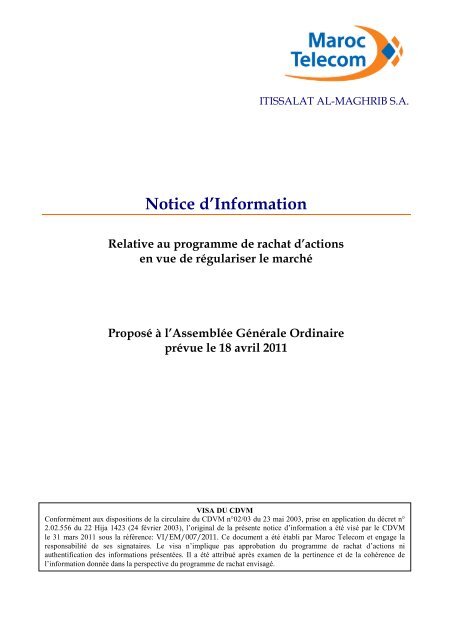 Notice D Information Relative Au Programme De Maroc Telecom