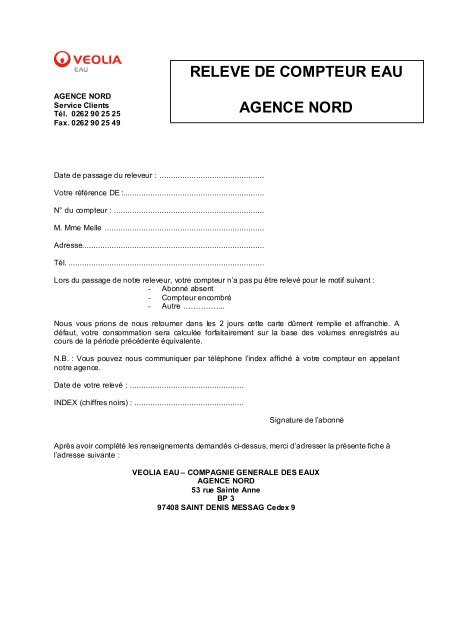 Releve De Compteur Eau Agence Nord Veolia Eau Reunion