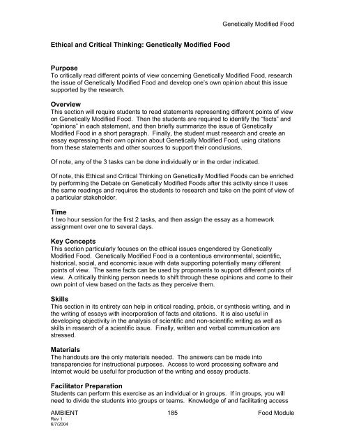 What Is Thesis Statement In Essay Ethical And Critical Thinking Genetically Modified Food Purpose About English Language Essay also Research Essay Topics For High School Students Ethical And Critical Thinking Genetically Modified Food Purpose Business Law Essay Questions
