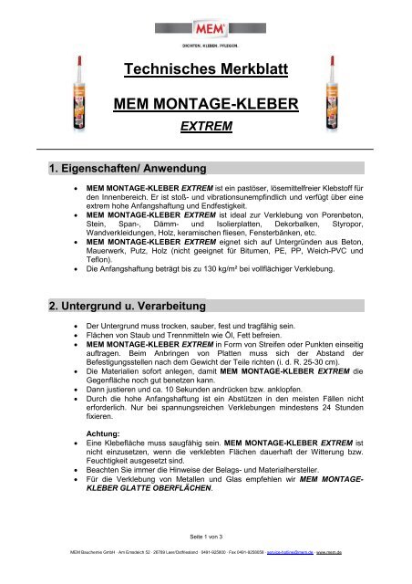 Technisches Merkblatt MEM MONTAGE-KLEBER EXTREM