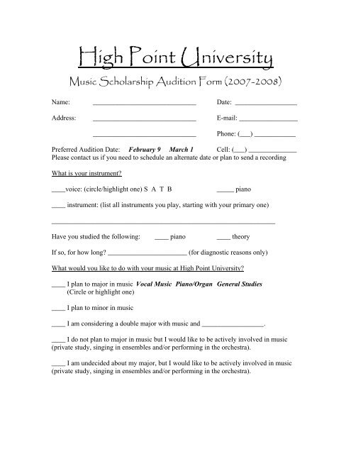 Music Scholarship Audition Form - High Point University