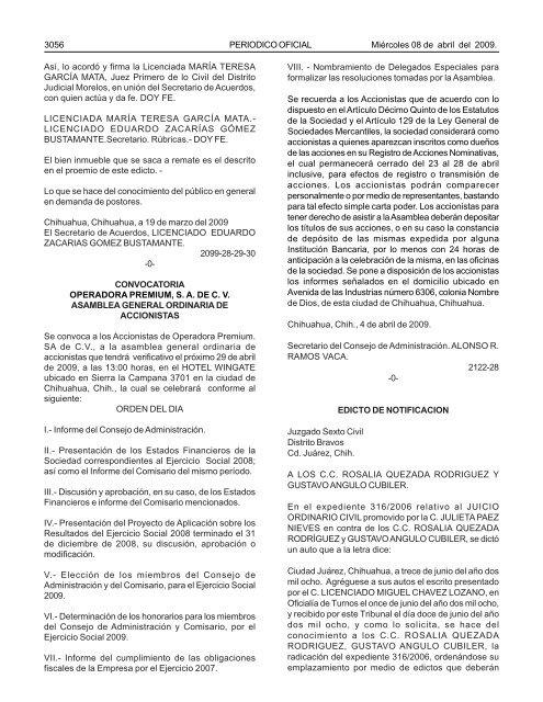 MiÃ©rcoles 8 de abril del 2009 - Gobierno del Estado de Chihuahua