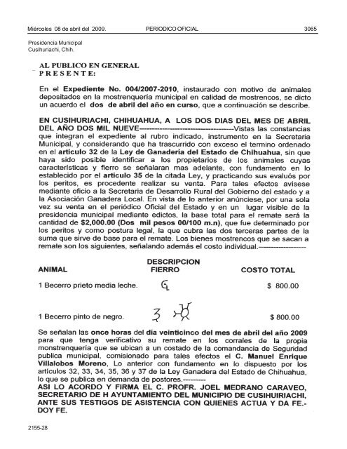 MiÃ©rcoles 8 de abril del 2009 - Gobierno del Estado de Chihuahua