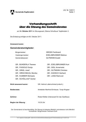 Verhandlungsschrift über die Sitzung des - Gemeinde Kapfenstein